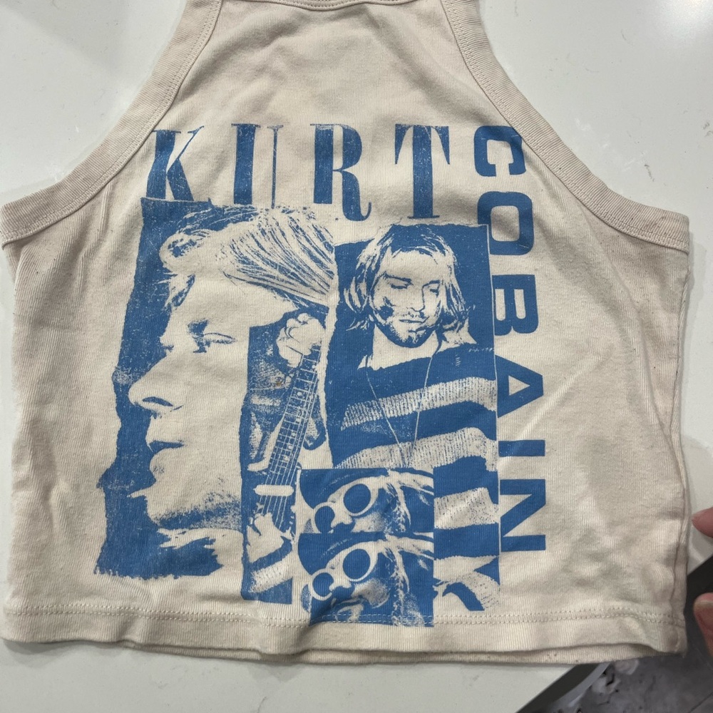 American Eagle Kurt Colbakn High Neck Cropped Tank Top with Blue Print